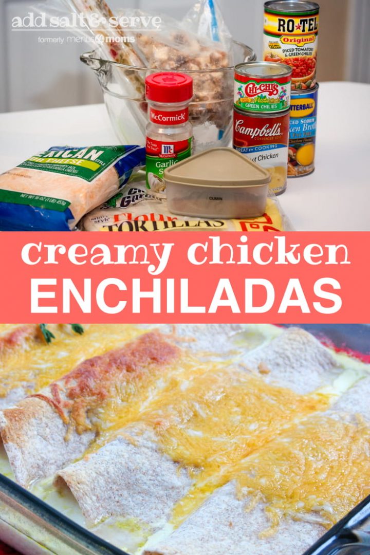 Composite image with ingredients for chicken enchiladas (shredded cheese, tortillas, cumin, cream of chicken soup, chicken broth, garlic salt, cooked chicken, cooked peppers and onions, and rotel) in top image and prepared enchiladas in bottom image with text creamy chicken enchiladas