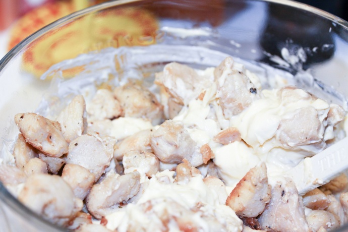 Creamy Poppy Seed Chicken Casserole Assembly - Chicken with sour cream and soup mixture