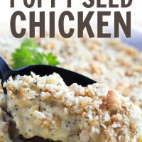 A black spoon is scooping Poppy Seed Chicken Casserole out of a clear glass casserole dish. Text Creamy Poppy Seed Chicken - Add Salt & Serve logo