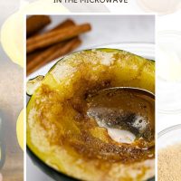 Composite image with top image of Half of a cooked acorn squash topped with a butter, sugar and cinnamon mixture plated with a serving of poppy seed chicken casserole and seasoned green beans, text easy microwave acon squash, and bottom split between two images, one showing an acorn squash split in half with seeds intact and another showing the squash partially cooked in a pan with the seeds removed and a topping of butter, cinnamon, and sugar
