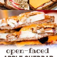 Image of bread with mayo, apple slices, and sunflower seeds; image of same with cheddar slices added on top; image of same slices after baking and text Open-faced Apple Cheddar Melt Sandwich