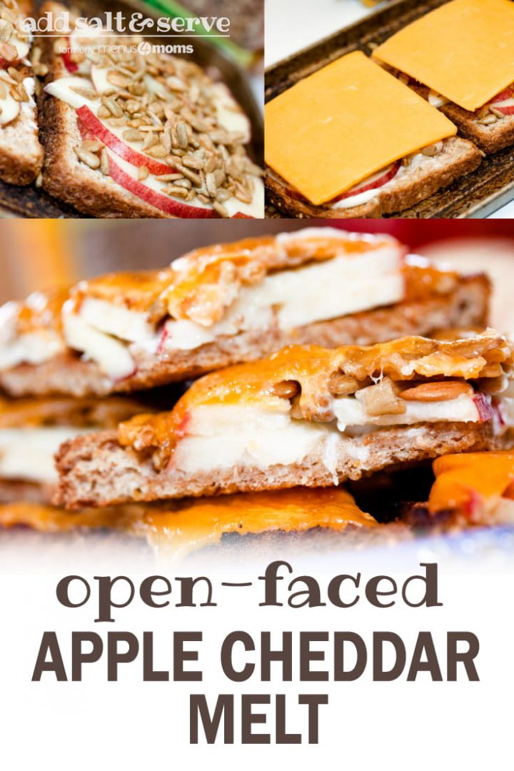 bread with mayo, apple slices, and sunflower seeds; image of same with cheddar slices added on top; image of same slices after baking and text Open-faced Apple Cheddar Melt Sandwich