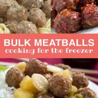 Top left photo is meatballs with egg noodles. Top right photo is meatballs with a red glaze. Bottom photo is meatballs with pineapple chunks and sliced water chestnuts on a bed of rice. Text Add Salt & Serve formerly menus4moms Bulk Meatballs Cooking for the Freezer