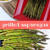 composite image with top image showing grilled asparagus on a red serving plate placed on a wood serving tray with a bowl of yellow rice and a tea towel to the side and bottom image showing asparagus in balsamic vinegar in a marinating container and text grilled asparagus