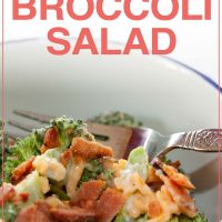 Broccoli, shredded cheddar cheese, bacon bits, and mayonnaise in a bowl with a fork; text Make Ahead Broccoli Salad Add Salt & Serve formerly Menus4Moms