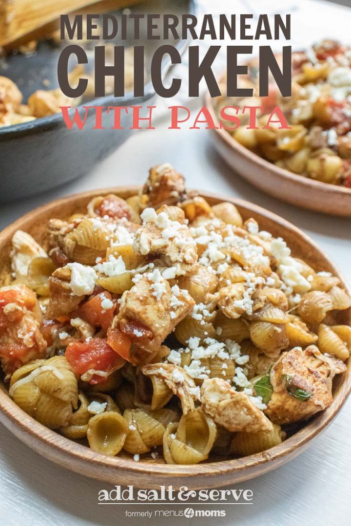 Bowl of shell pasta with tomatoes, feta cheese, and balsamic vinegar with text Mediterranean Chicken with Pasta