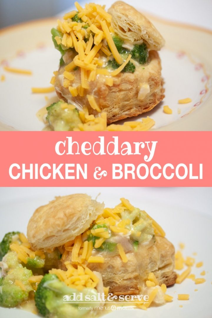 Puff pastry with broccoli, chicken, and shredded cheddar cheese on a white plate; text Cheddary Chicken and Broccoli Add Salt & Serve