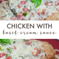Composite image: top and bottom photos are both breaded chicken breast covered with a cream sauce and resting on a plate of spaghetti. Text is Chicken with Basil Cream Sauce - Add Salt & Serve logo