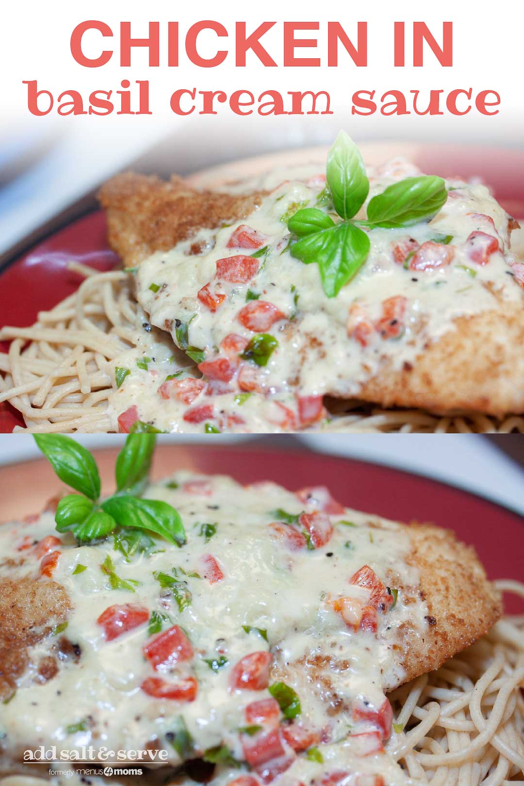 breaded cooked chicken breast smothered in a cream sauce with basil and red peppers; text Chicken in Basil Cream Sauce