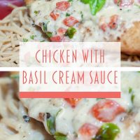 Composite image: top and bottom photos are both breaded chicken breast covered with a cream sauce and resting on a plate of spaghetti. Text is Chicken with Basil Cream Sauce - Add Salt & Serve logo