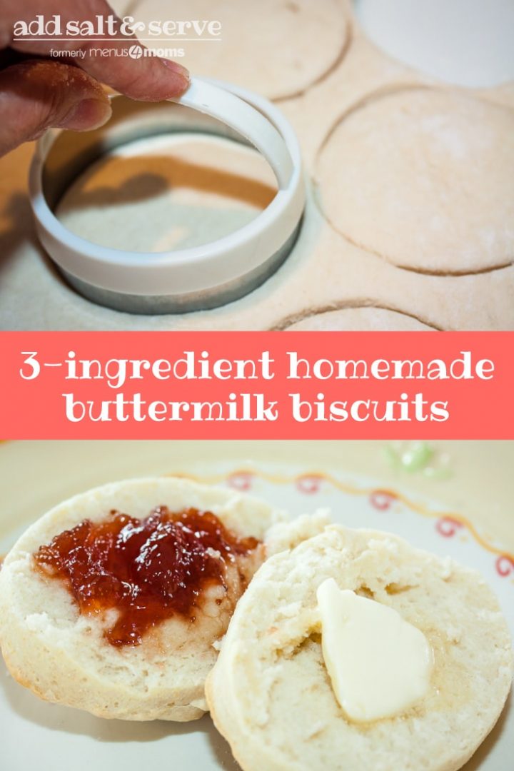 Composite image with top showing a biscuit cutter cutting out a biscuit on rolled out dough and bottom showing Biscuit cut in half with butter on one half and fruit preserves on the other half on a yellow and white plate with text 3-ingredient homemade buttermilk biscuits