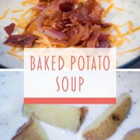 Composite image: Top photo is baked potato soup topped with shredded cheddar cheese and chopped bacon. Bottom photo is chopped potatoes in a bowl of baked potato soup. Text; Baked Potato Soup - Add Salt & Serve logo