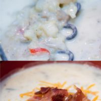 Composite image: Top photo is a potato masher in a bowl of baked potato soup. Bottom image is baked potato soup topped with shredded cheddar cheese and chopped bacon. Text: Loaded Baked Potato Soup - Add Salt & Serve logo