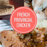 chicken in skillet before cooking and finished dish with text French Provincial Chicken - Add Salt & Serve