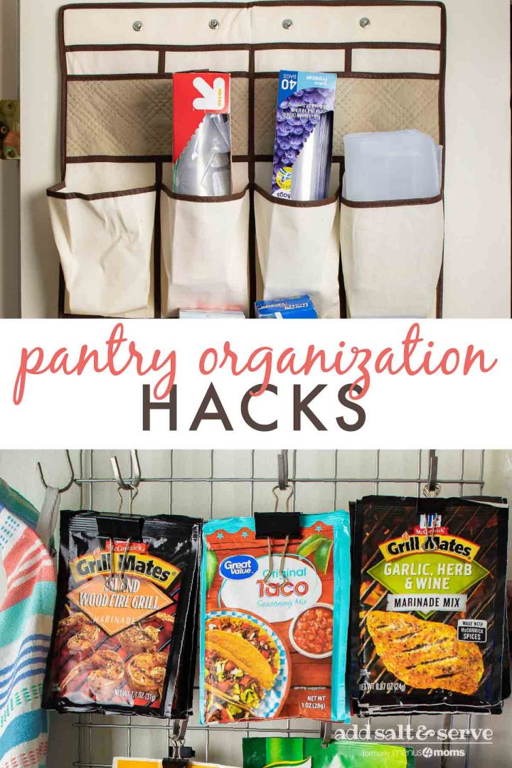 Pantry organization hacks: packets on clips & hooks and baggies in an over the door shoe organizer