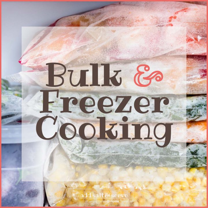 Freezer meals stacked in a freezer with text Bulk Freezer Cooking