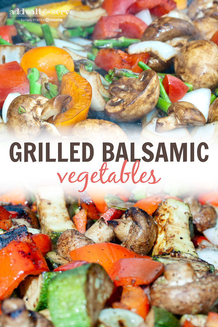 Balsamic grilled vegetables with text Grilled Balsamic Vegetables - Add Salt & Serve logo