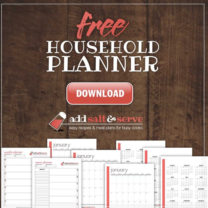 Screenshots of planner pages and text Free Household Planner download from Add Salt & Serve.