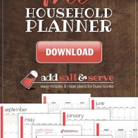 Screenshots of planner pages and text Free Household Planner download from Add Salt & Serve.