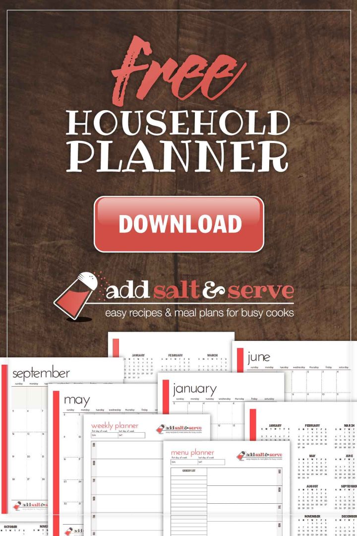 Screenshots of planner pages and text Free Household Planner download from Add Salt & Serve.