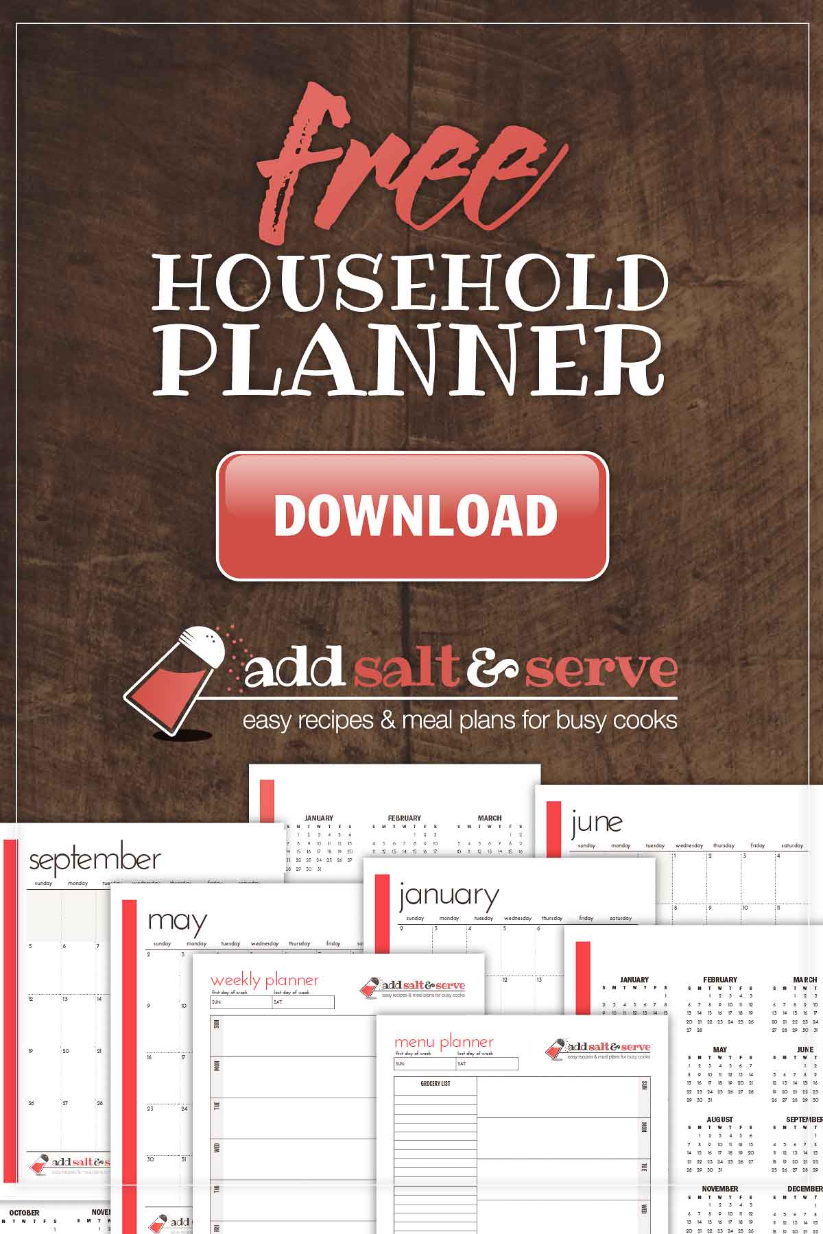 Screenshots of planner pages and text Free Household Planner download from Add Salt & Serve.