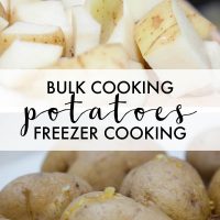 Images of raw potatoes with text bulk cooking potatoes freezer cooking