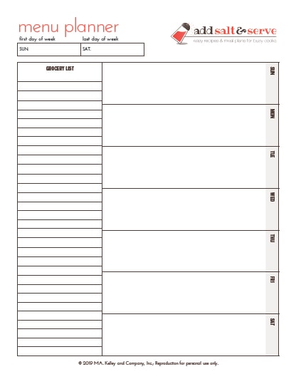 screenshot of menu planning page with grocery list