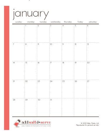 Screenshot of monthly calendar page for January.