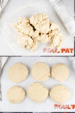 Composite image with top image showing a lump of pie crust dough on a floured rolling mat and bottom image showing the same dough separated into 6 thick circles of dough for the freezer
