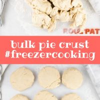 Composite image with top image showing image showing a lump of pie crust dough on a floured rolling mat and bottom image showing the same dough separated into 6 thick circles of dough for the freezer; text is bulk pie crust #freezercooking Add Salt & Serve