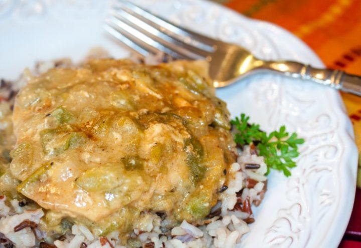 Chicken with chili cream sauce on a bed of rice on a white plate. There is a fork at the top of the plate.
