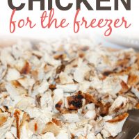 Chopped grilled chicken on a cutting board with a knife with text Bulk Cooking Chicken for the Freezer Add Salt & Serve logo
