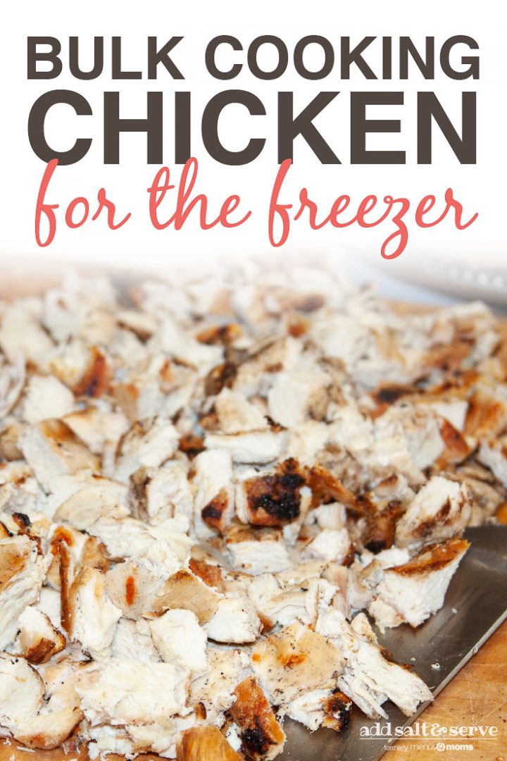 Chopped grilled chicken on a cutting board with a knife with text Bulk Cooking Chicken for the Freezer Add Salt & Serve logo