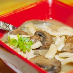 A red square soup bowl with a soup with sliced mushrooms and linguini. There is a spoon in the bowl.