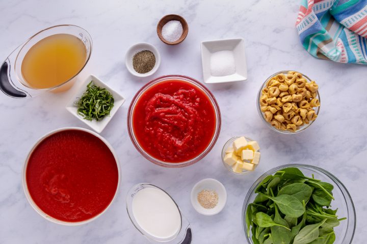 ingredients for Tomato Spinach Tortellini Soup