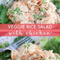 Veggie rice salad with chicken served on lettuce leaves