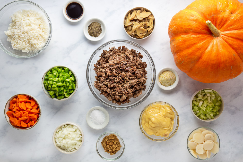 ingredients for dinner in a pumpkin