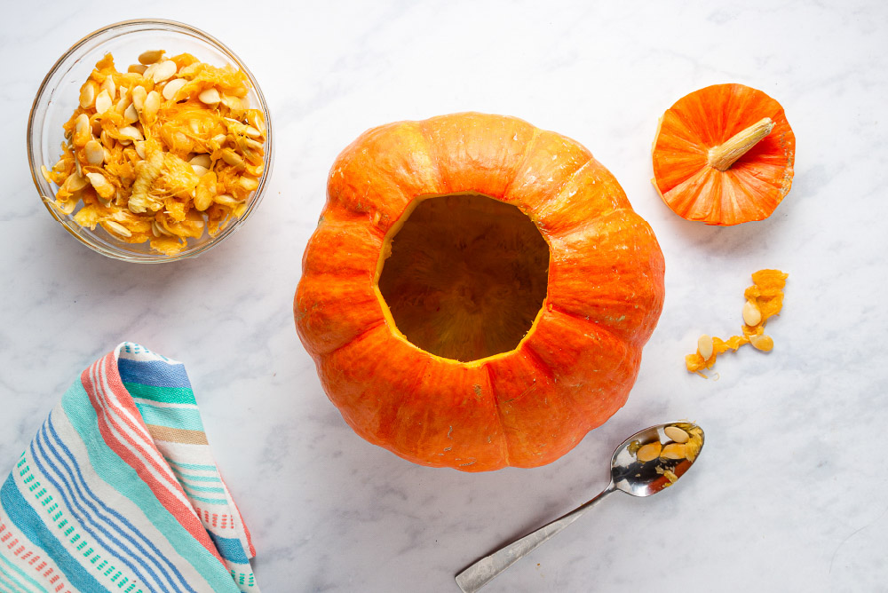 hollowed out pumpkin to bake with a ground beef and rice mixture