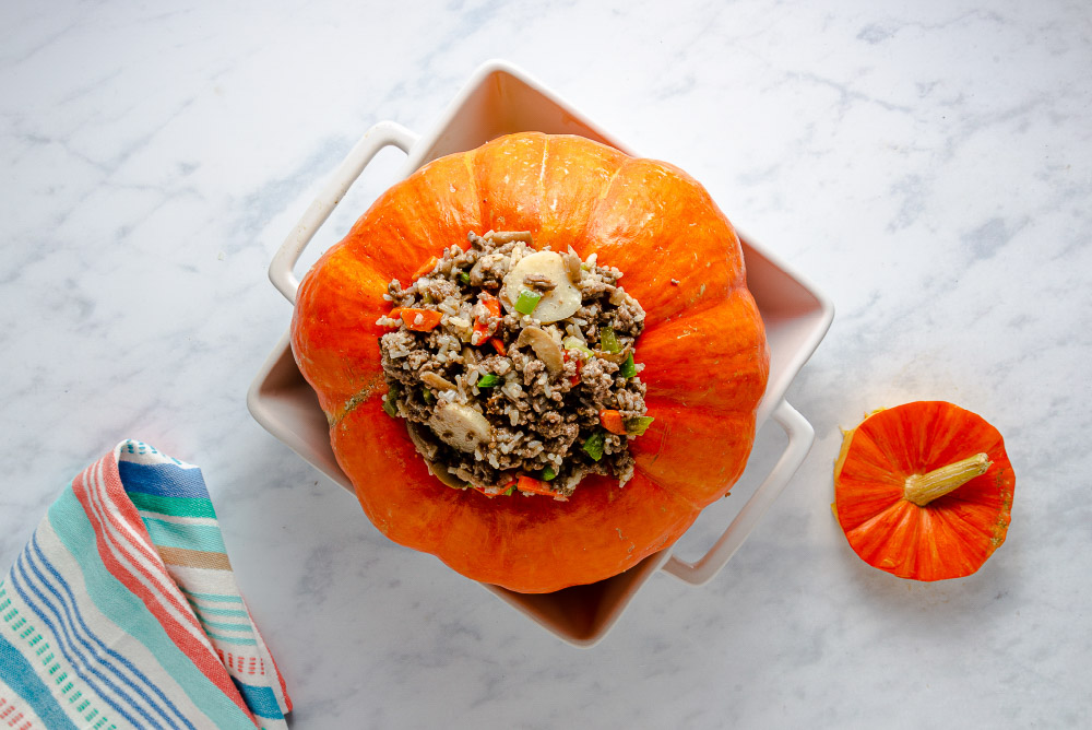 ground beef and rice dinner in a pumpkin