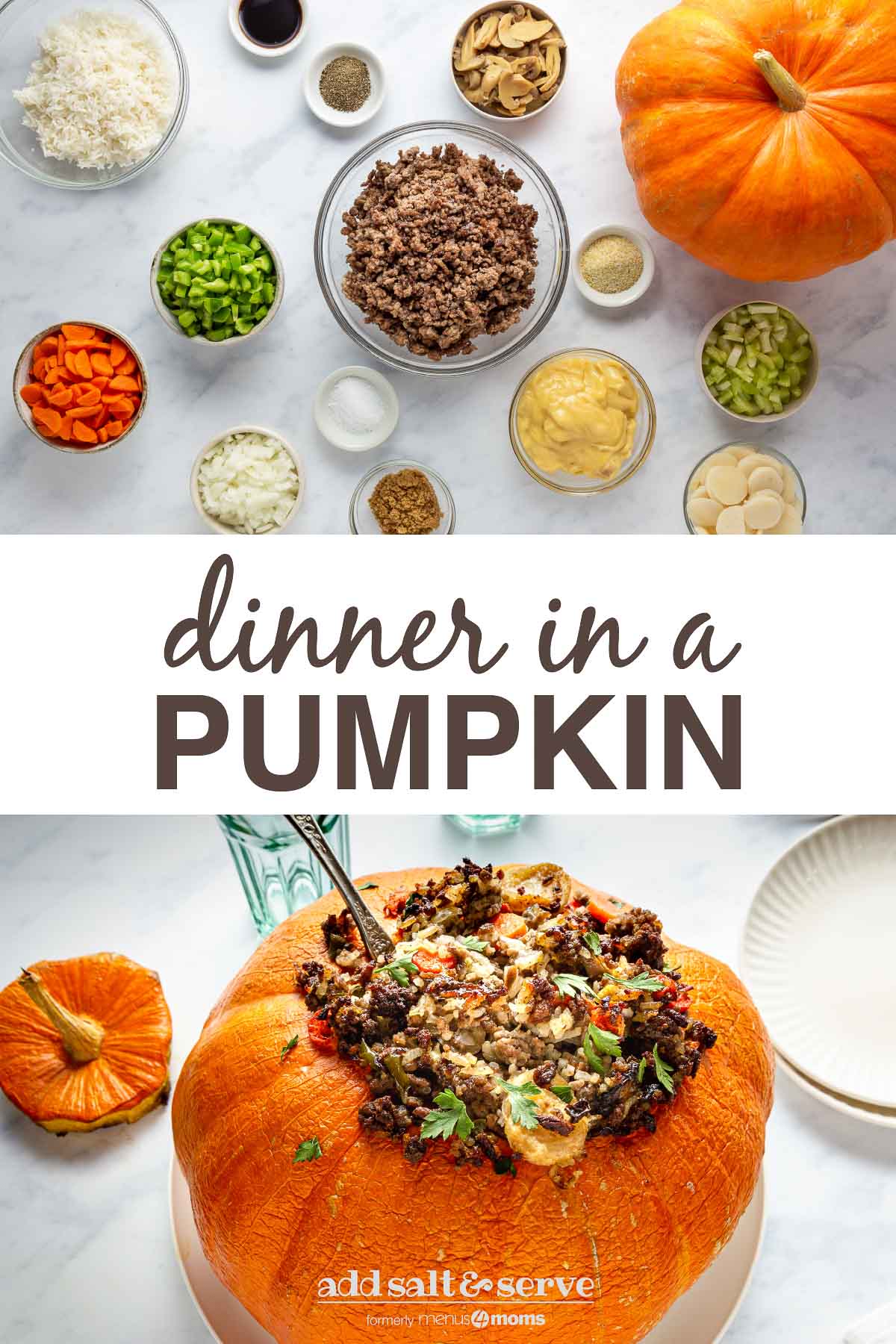 ground beef and rice dinner in a pumpkin