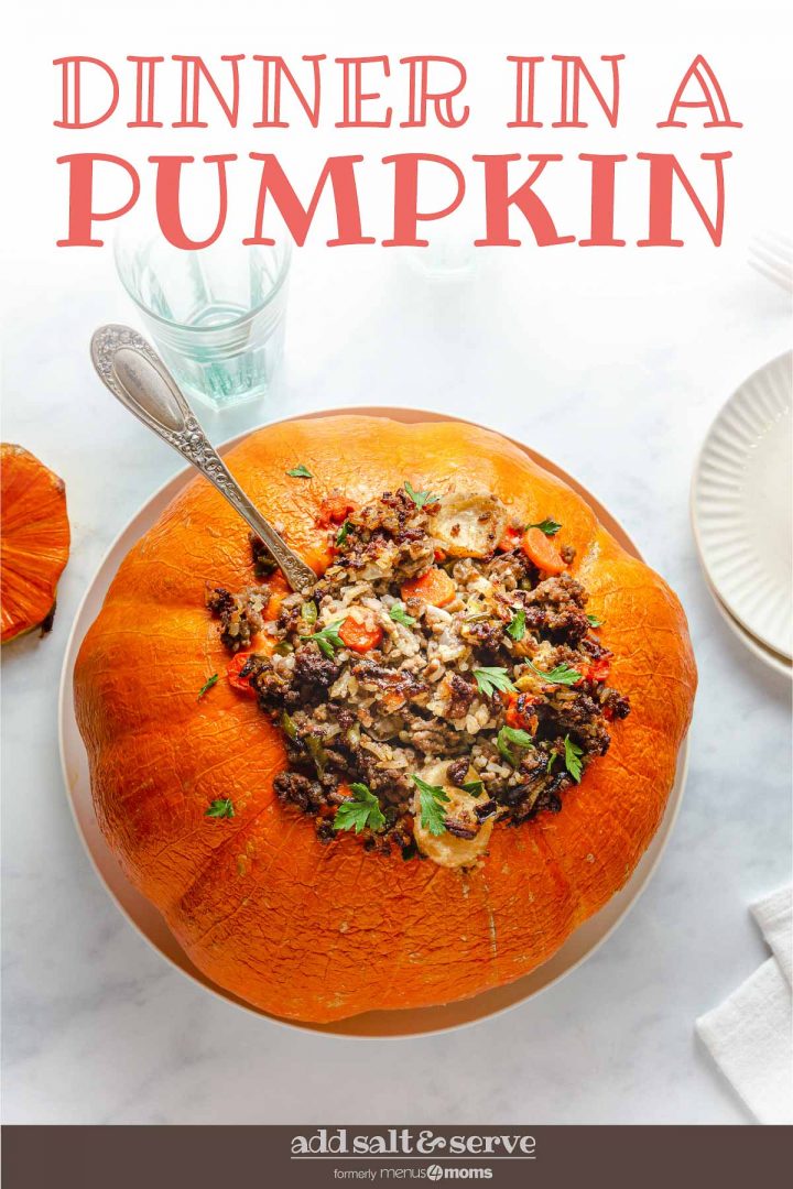 ground beef and rice dinner in a pumpkin