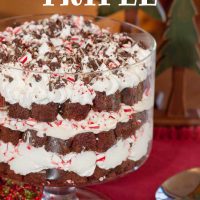 Peppermint Trifle with layers of brownie, whipped cream, pudding mix, crushed candy canes, and Andes chocolate mints.