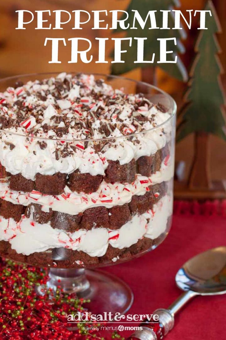 Layored peppermint trifle with serving spoon and Christmas decorations and text Peppermint Trifle with Add Salt & Serve logo
