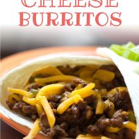 Burrito with ground beef and shredded cheddar cheese garnished with diced green onions with text Chili Cheese Burritos - Add Salt & Serve logo