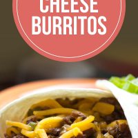 Burrito with ground beef and shredded cheddar cheese garnished with diced green onions with text Chili Cheese Burritos - Add Salt & Serve logo