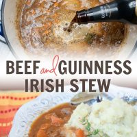 Pot of Beef Stew with Guinness beer pouring in and bowl of finished beef and guinness stew over mashed potatoes with a spoon and Guinness Stew