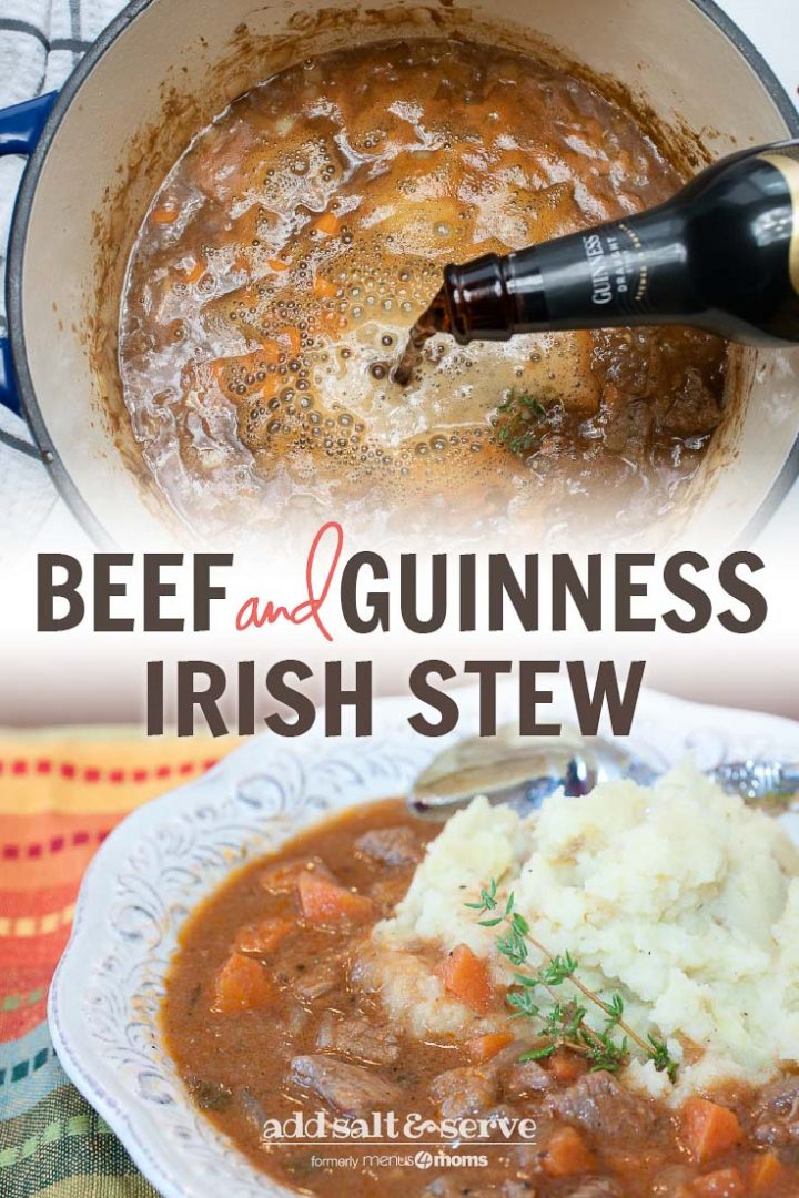 Pot of Beef Stew with Guinness beer pouring in and bowl of finished beef and guinness stew over mashed potatoes with a spoon and Guinness Stew
