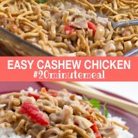 Chopped chicken with red peppers and mushrooms in a creamy sauce over white rice and garnished with chow mein noodles and text Easy Cachew Chicken #20minutemeal