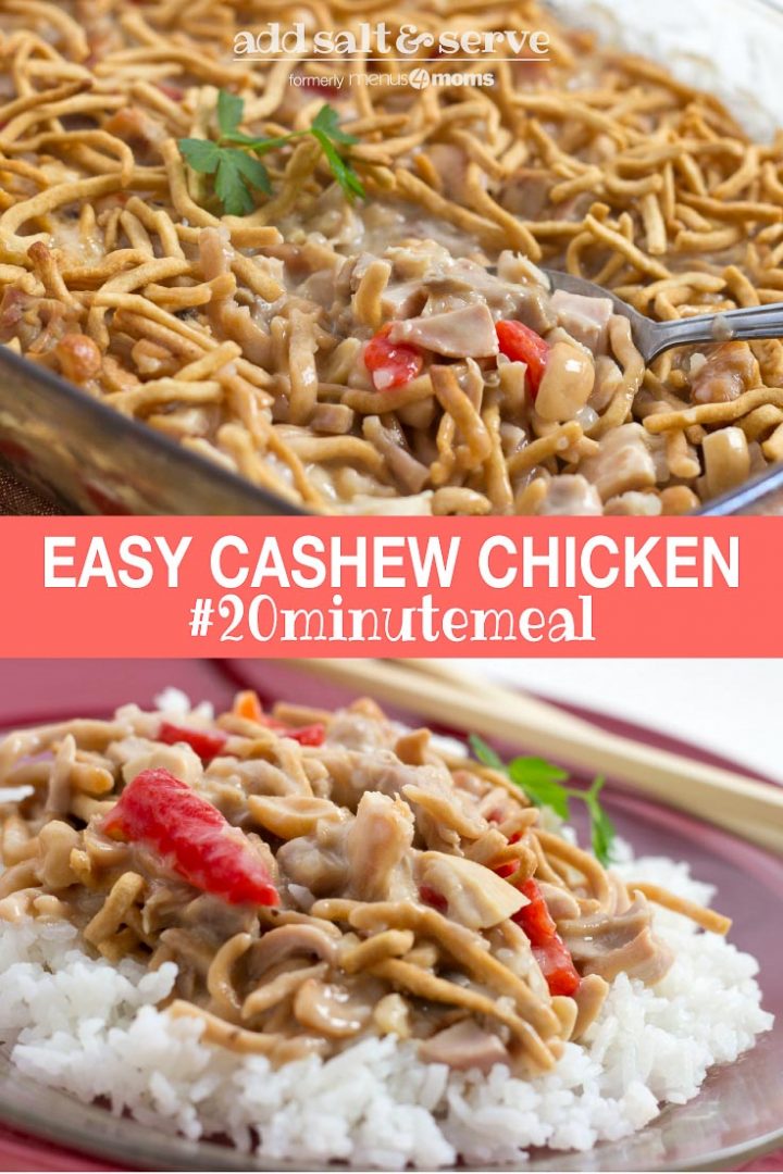 Chopped chicken with red peppers and mushrooms in a creamy sauce over white rice and garnished with chow mein noodles and text Easy Cachew Chicken #20minutemeal