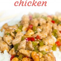 Diced chicken and diced red and green bell peppers on a bed of rice on a transparent square glass plate. Text Kung Pao Chicken Add Salt & Serve formerly Menus4Moms